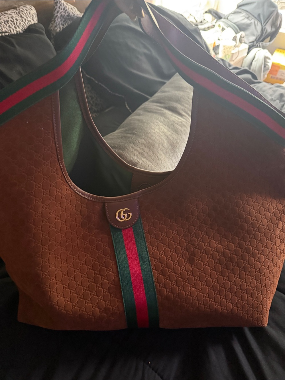 Gucci Brown Suede GG Tote with Signature Green-Red Web